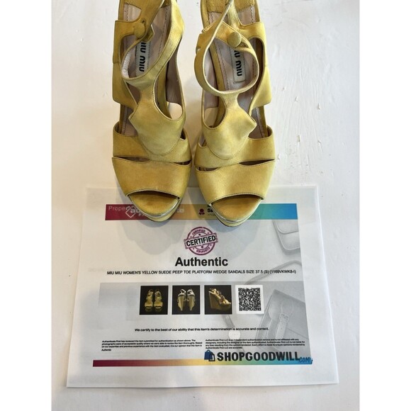 MIU MIU SUEDE WEDGE PLATFORM SANDALS SOLEIL Sz 37 1/2 Italy stamp COA U… - Picture 14 of 14